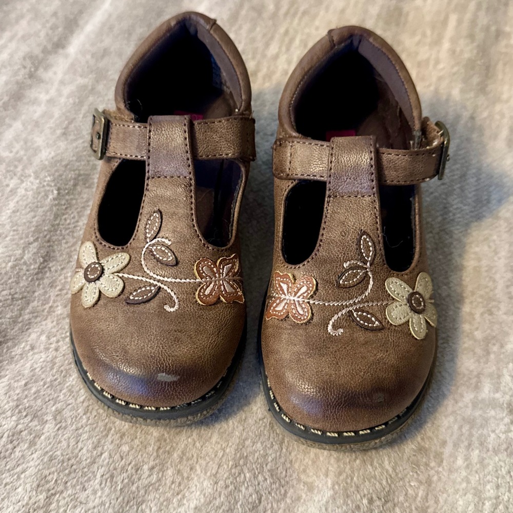 Rachel Shoes Aster Brown Floral Embroidered Mary Jane T-Strap Girls Sz 10M 2012